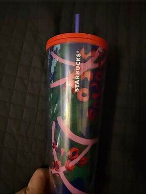 Starbucks Multicolor Floral Reusable Tumbler with Red Lid and Purple Straw